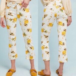 Anthropologie White Lemon-Print Boot Cut Jeans